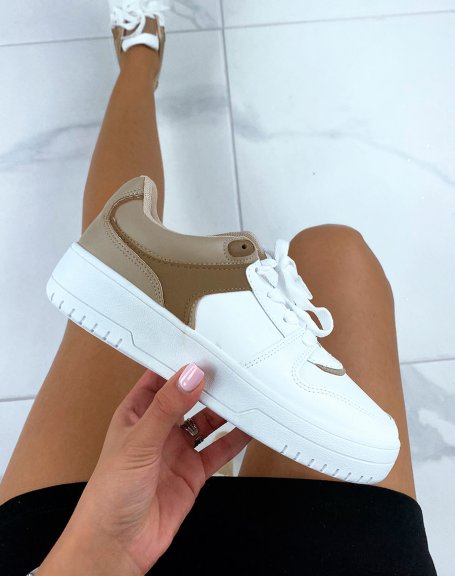 White sneakers with beige and brown inserts