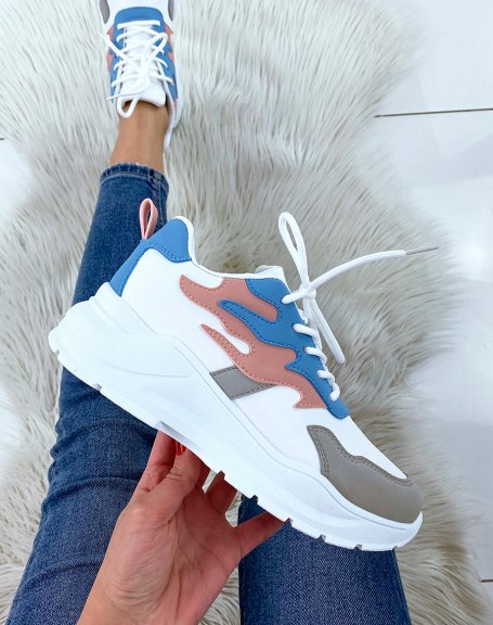 White sneakers with blue, pink and gray flame inserts