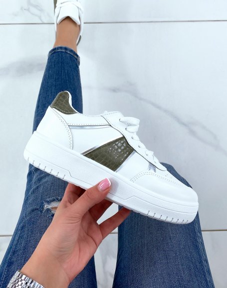 White sneakers with crocodile and khaki and silver inserts