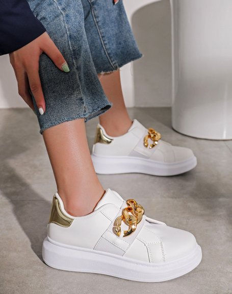 White sneakers with gold chain