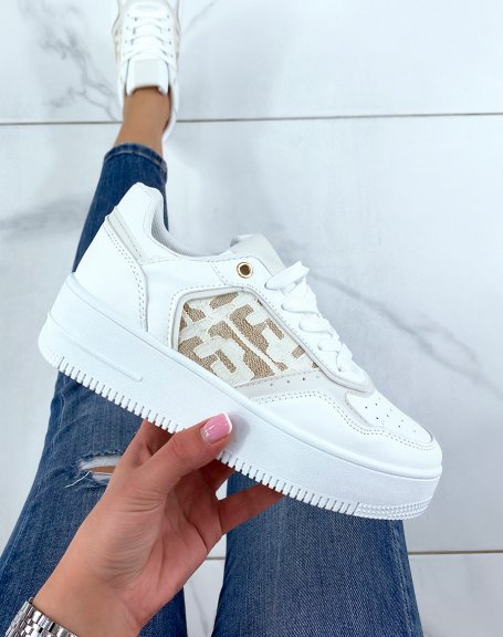 White sneakers with gold sequin printed inserts