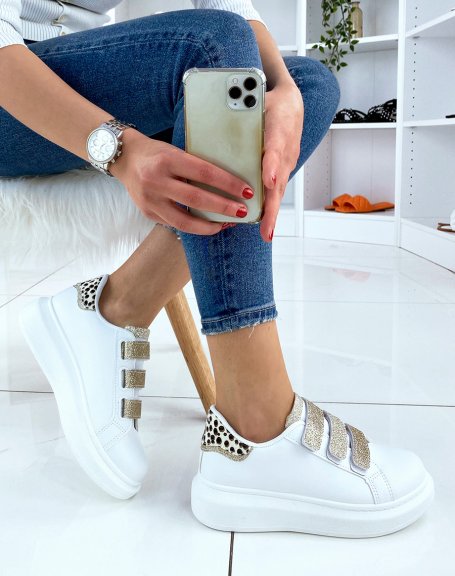 White sneakers with gold velcro and leopard yoke