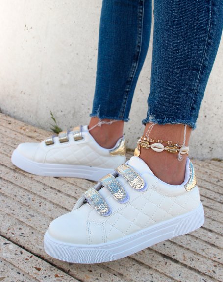 White sneakers with golden snake effect velcro