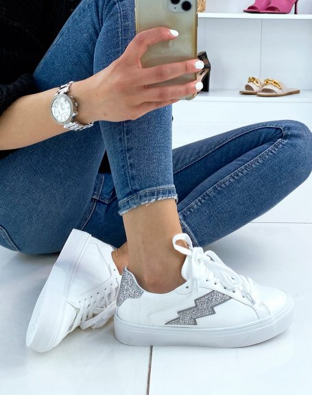 White sneakers with gray glitter details