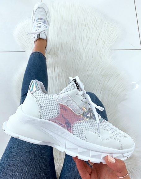 White sneakers with holographic inserts