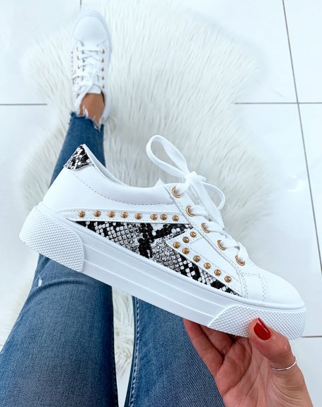 White sneakers with multiple python inserts and studded