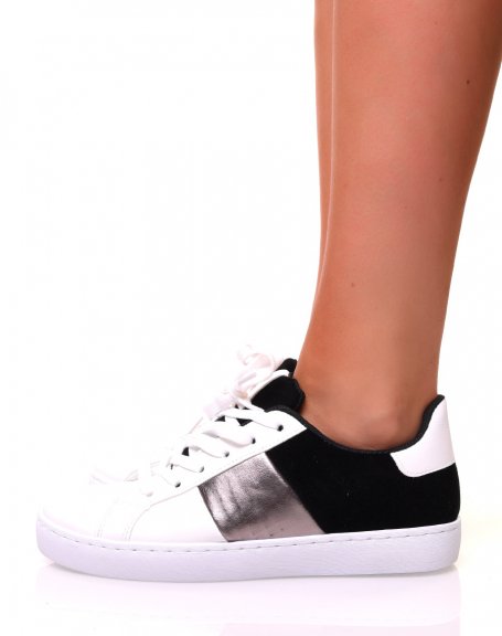 White sneakers with multiple silver and black inserts