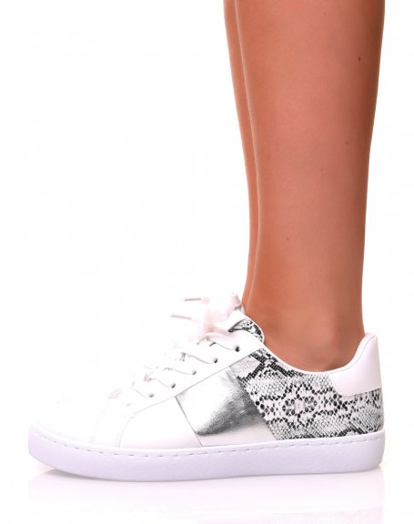 White sneakers with multiple silver inserts and python effect