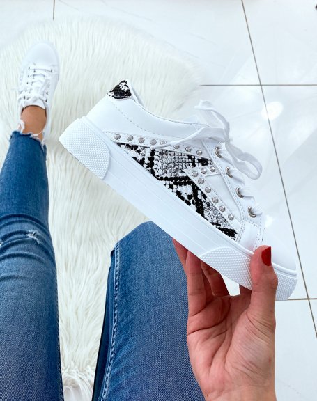 White sneakers with pyhton and studded panels