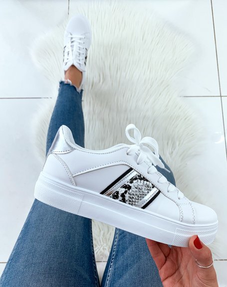 White sneakers with silver and black python inserts