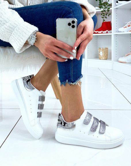 White sneakers with silver glitter velcro straps
