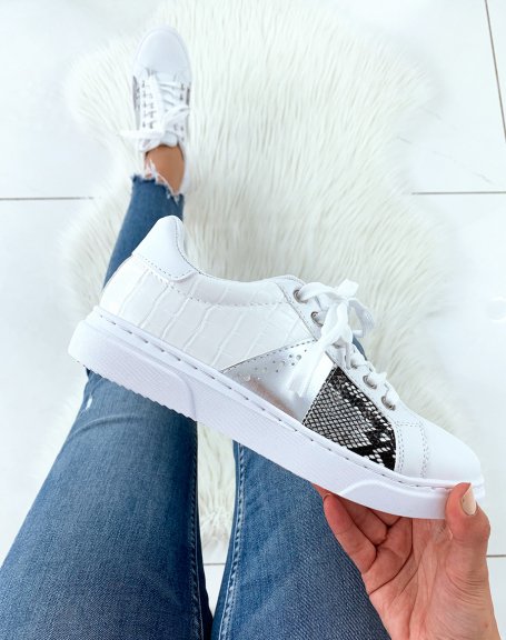 White sneakers with silver inserts in white croco and python