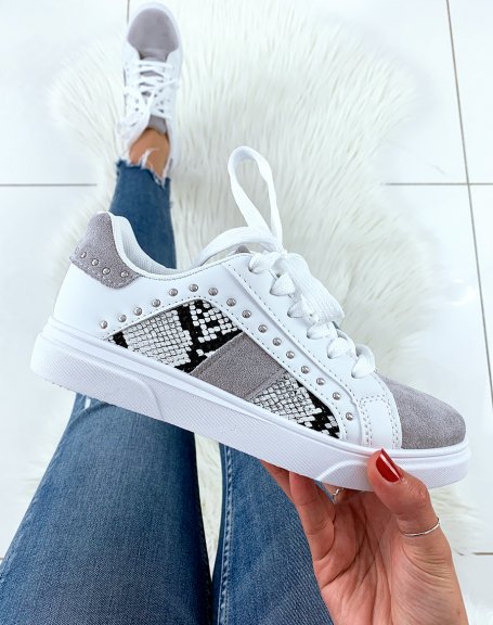 White sneakers with studs and gray and python inserts