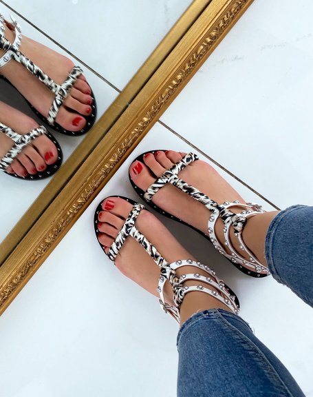 White studded sandals with leopard fabric