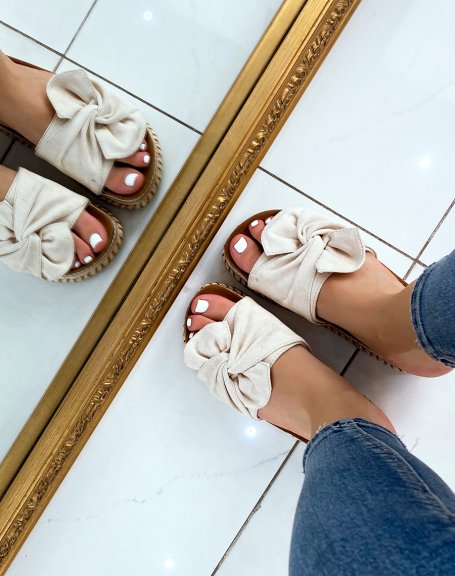 Wide strap mules in beige suede and Aztec pattern