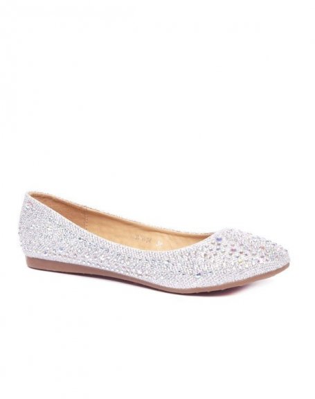 Women's silver ballerinas with sequins and rhinestones Style Shoes