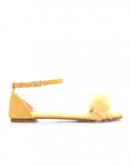Yellow feathered suedette sandals
