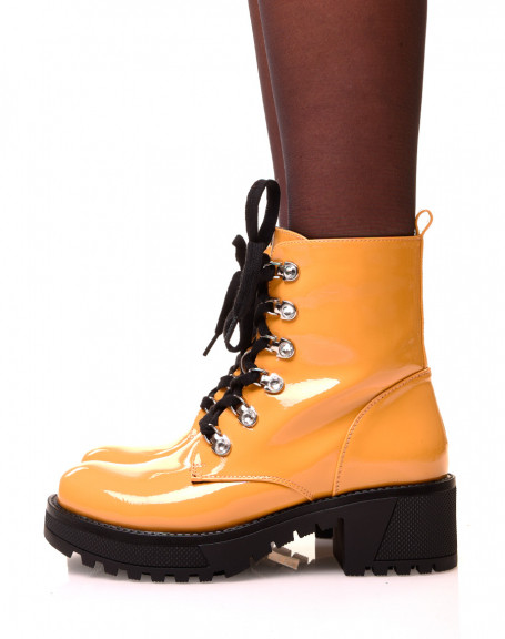 Yellow patent high lace-up ankle boots