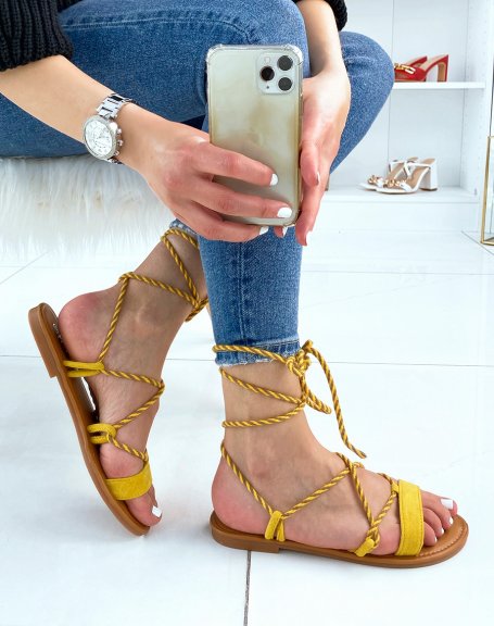 Yellow sandals in suede with long two-tone straps