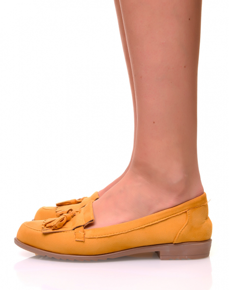 Yellow suedette fringed and pompom moccasins