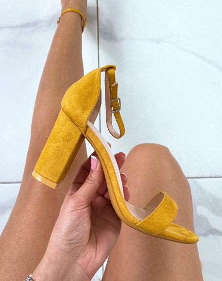 Yellow suedette heeled sandals with thin straps