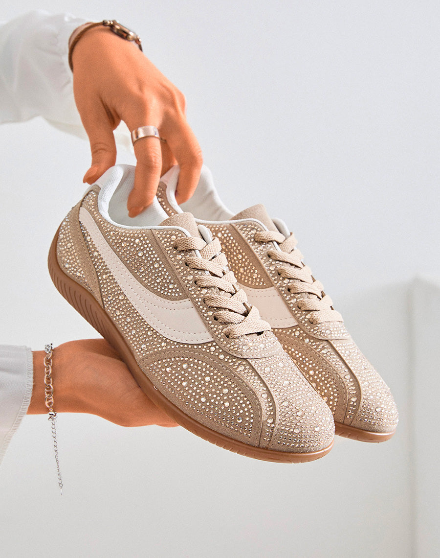 Basket femme beige à strass avec empiècements blanc et lacets assortis