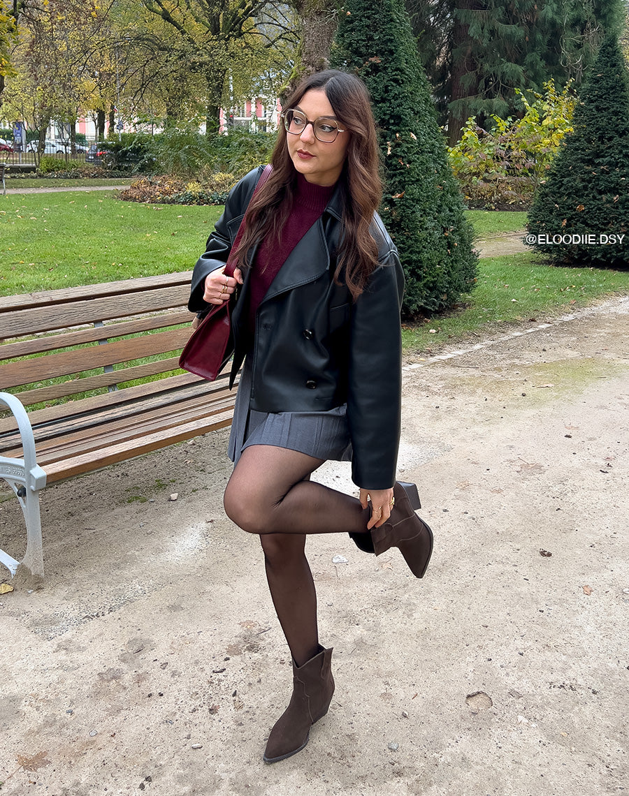 Bottines femme en cuir marron style santiag à talon biseauté et intérieur fourré