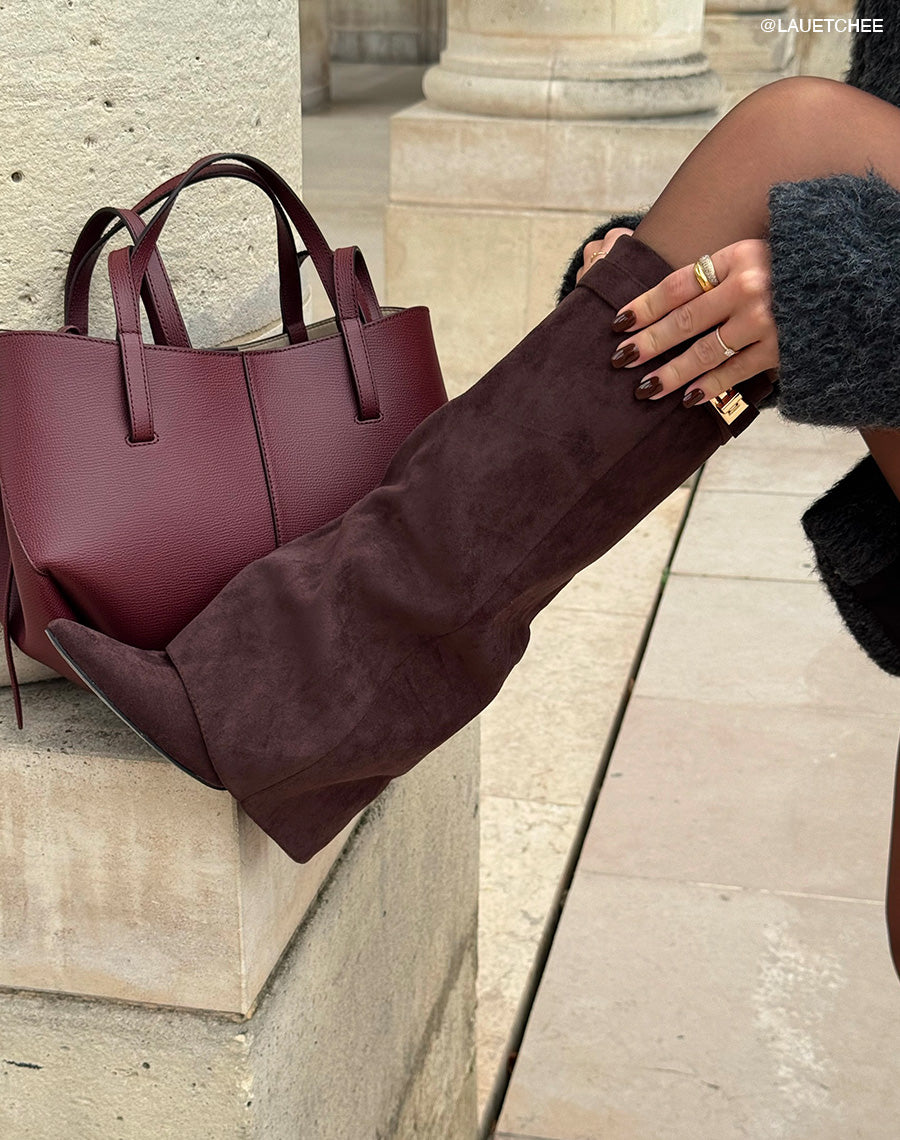 Bottes en suédine marron chocolat à talon et bout pointu