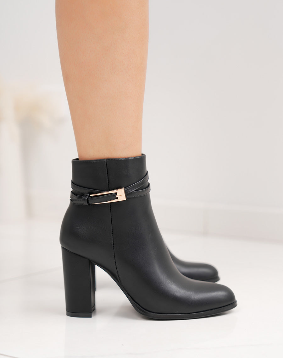 Bottines femme noires à talon carré 9cm élégantes avec lanière dorée et bout pointu