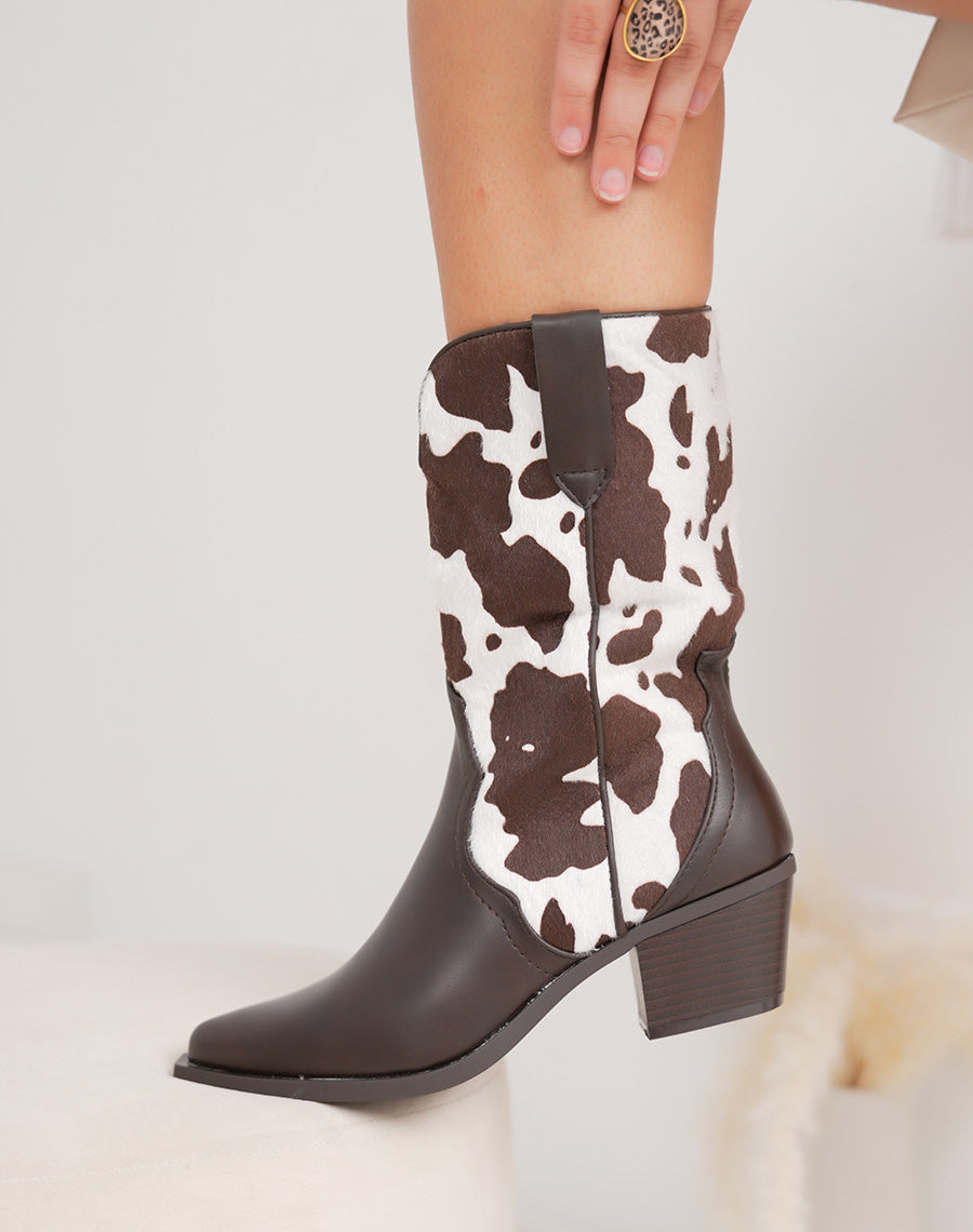 Bottines santiags femme marron à motif vachette tendance