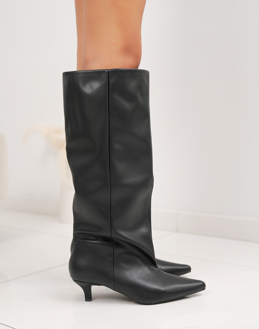 Bottes femme noires tendance à mini talon aiguille et tige large doublée polaire