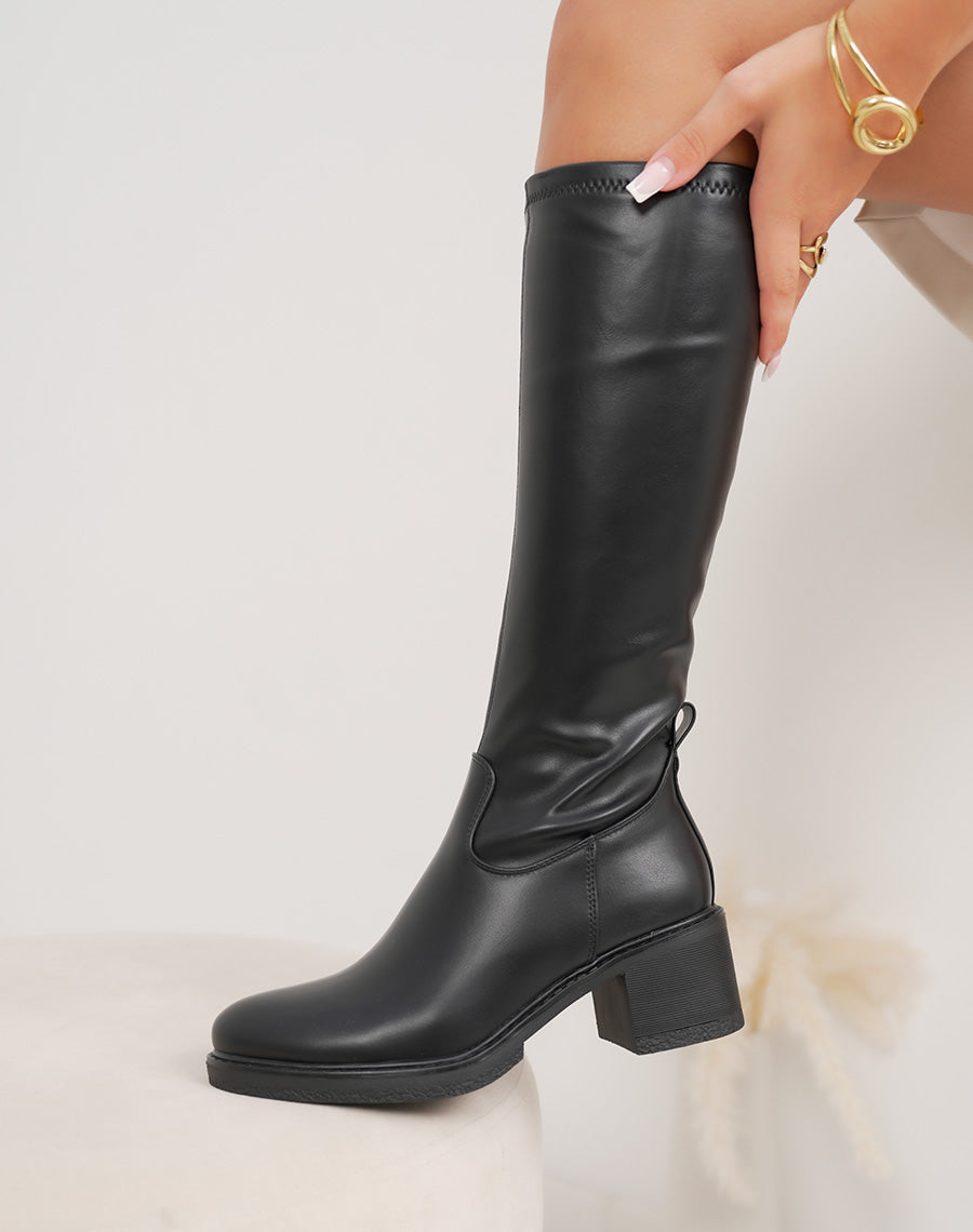 Bottes femme noires élégantes à talon épais moyen et bout rond fourré