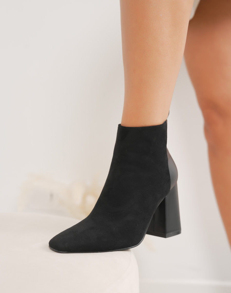 Bottines femme noires élégantes bi-matière à talon haut épais et bout pointu