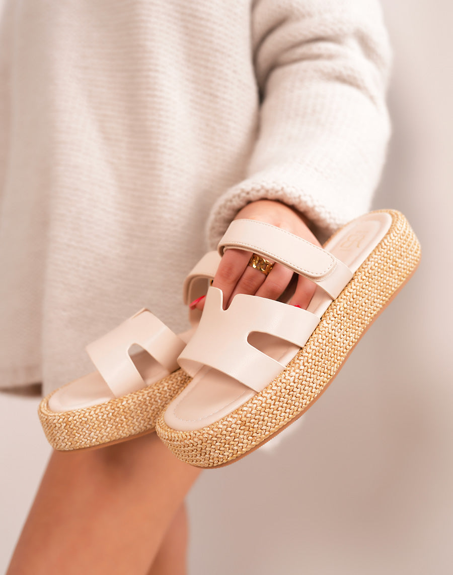 Beige Women's Women's Mules in H and thick embroidered platform
