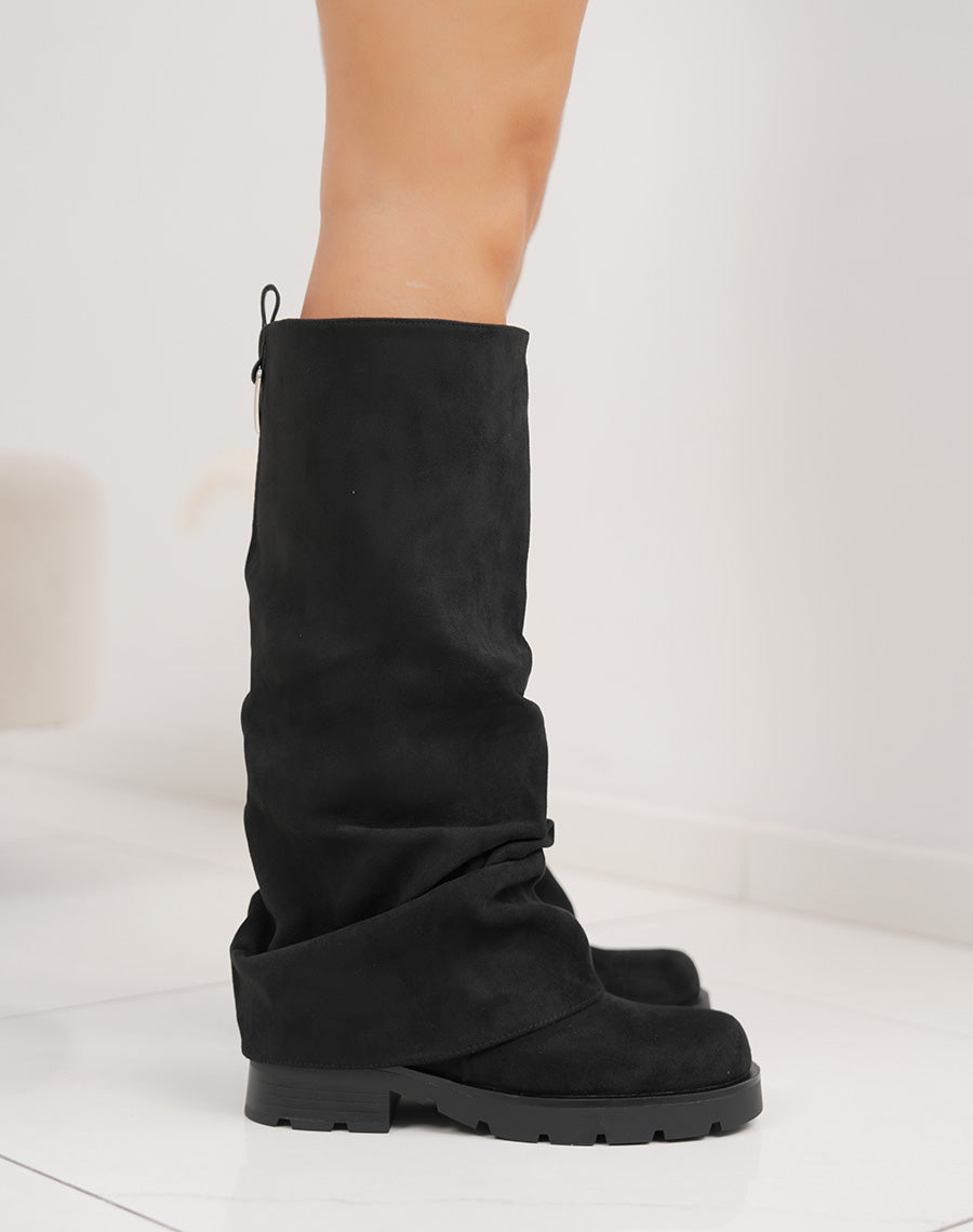 Bottes noires en suédine à revers – Bout rond et talon épais 4 cm