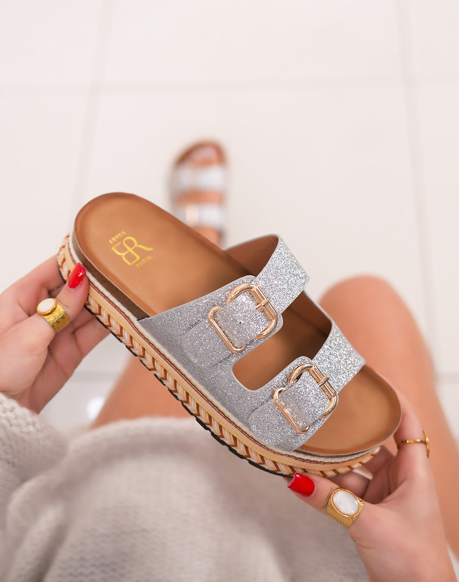 Trendy Silver Silver Women's Women's Women with Woven platform and golden curls