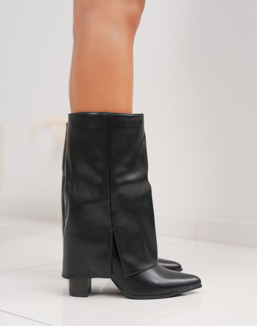 Bottines hautes noires à revers – Talon carré avec intérieur fourré