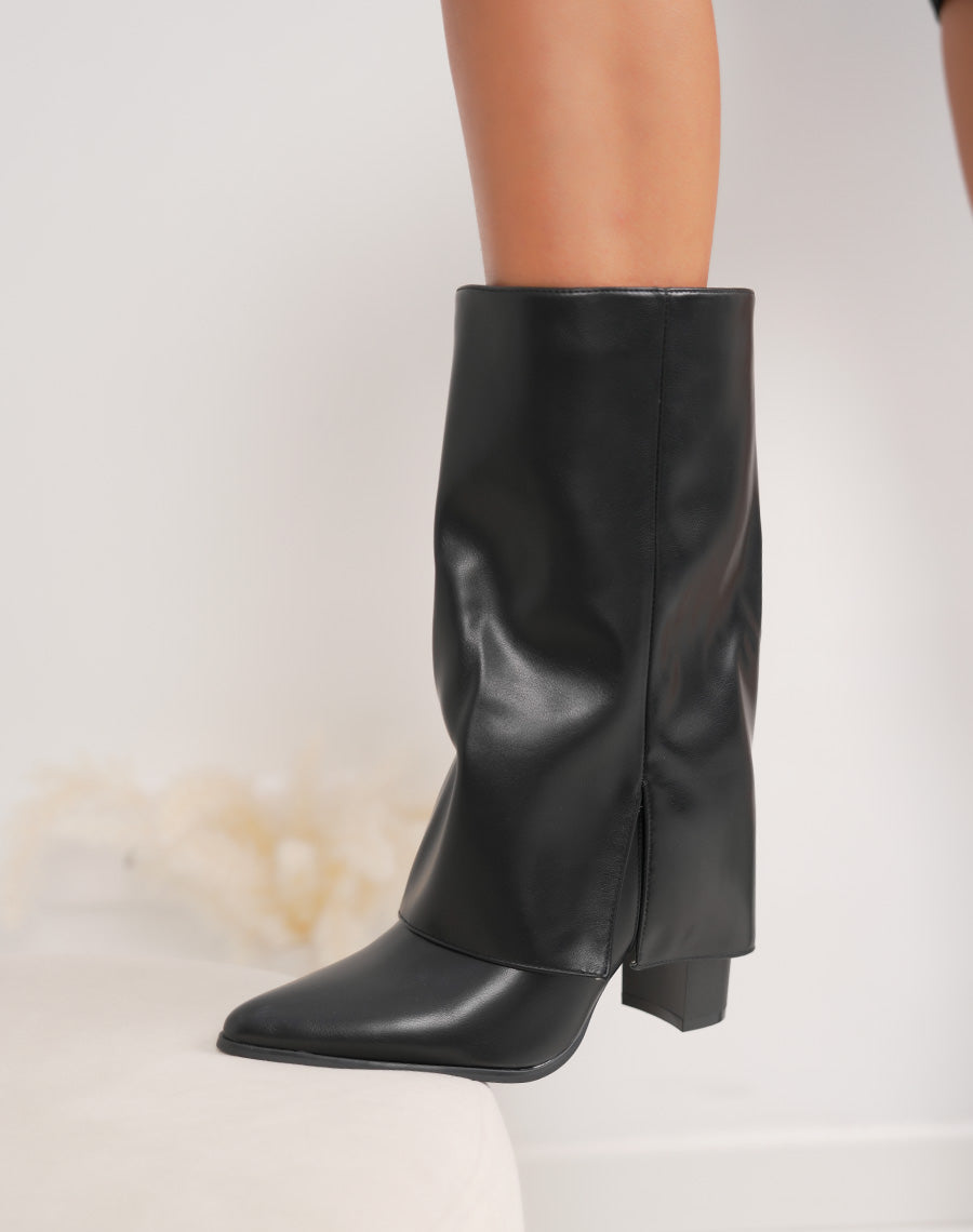 Bottines hautes noires à revers – Talon carré avec intérieur fourré