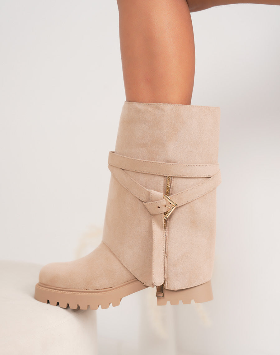 Bottines Chelsea beige fourrées – Tige amovible avec lanières et boucle dorée