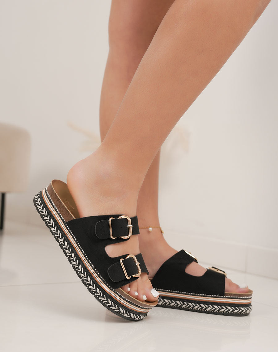 Mules femme noires tendance à plateforme tressée avec doubles boucles dorées