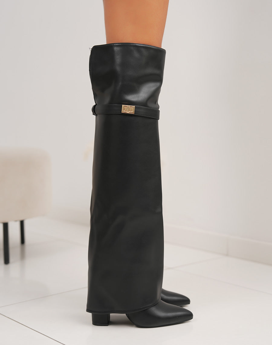 Cuissardes noires à talons carrés – Bout pointu – Femme tendance hiver