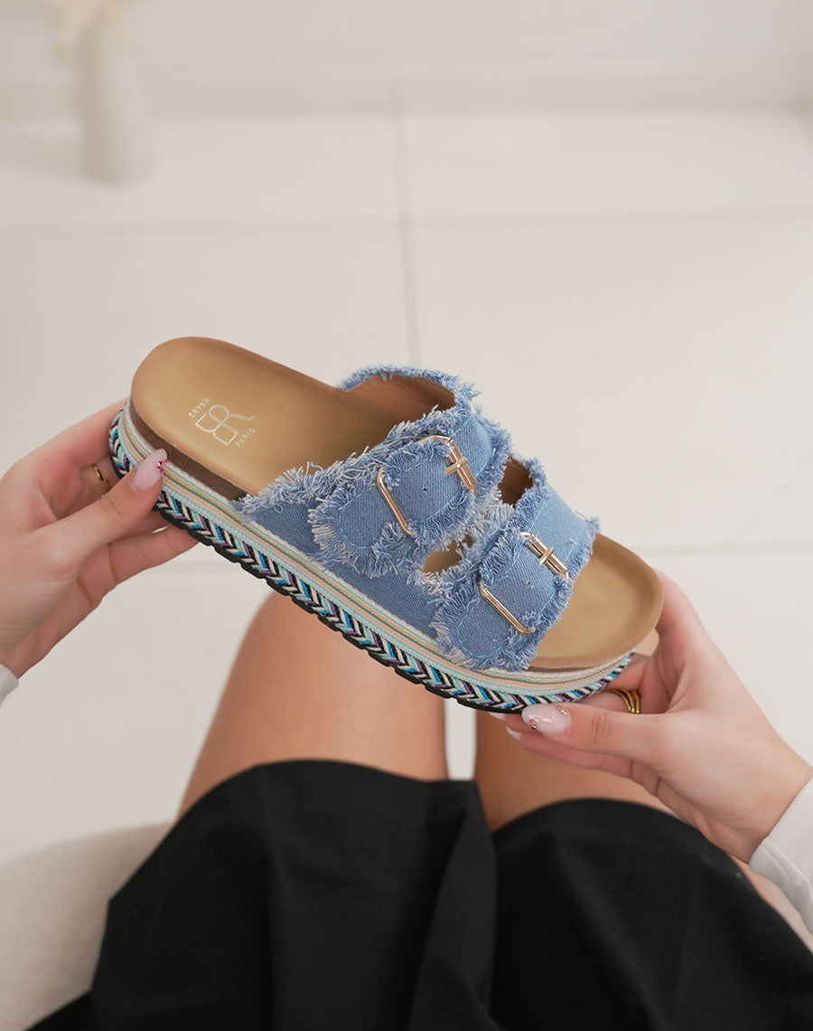 Mules femme bleu clair tendance en jean avec double bride et plateforme tressée