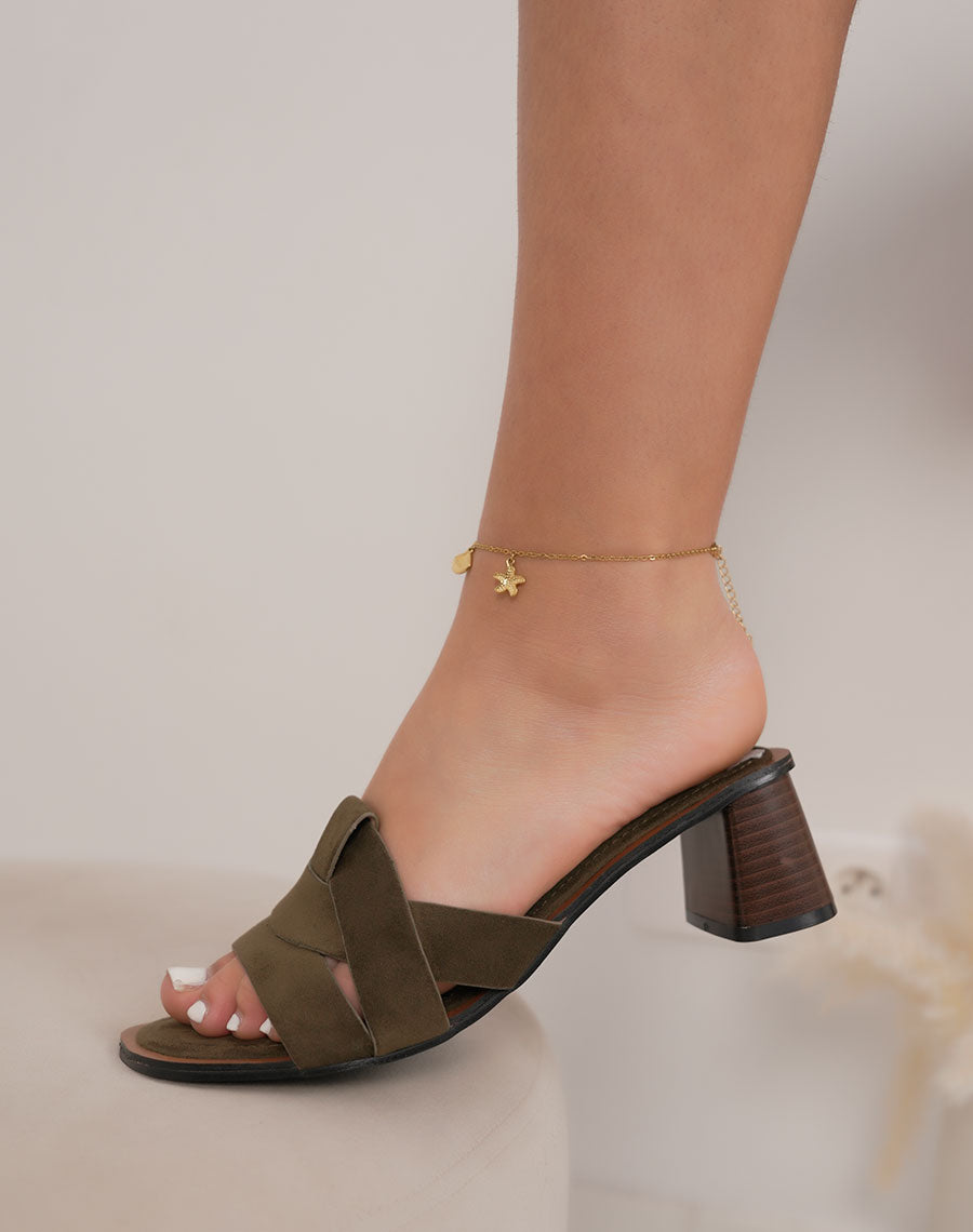 Mules femme vert kaki élégantes en suédine avec bride entrecroisée et talon carré