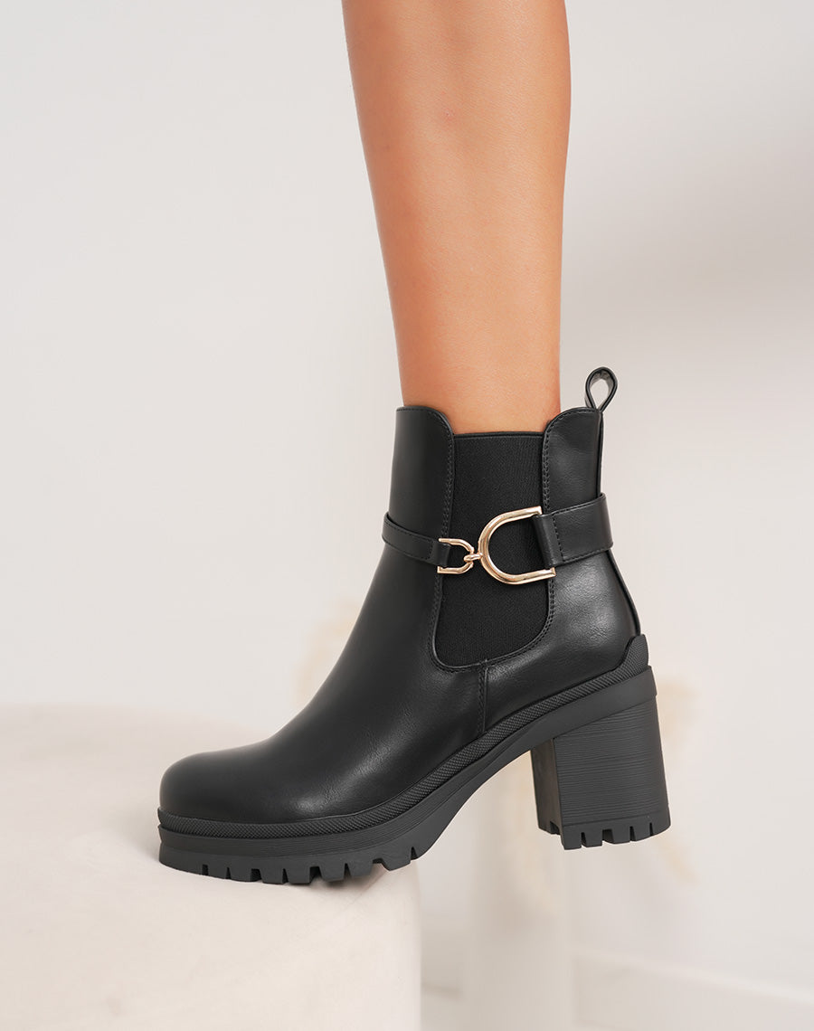Bottines Chelsea Femme C'M PARIS - Similicuir Noir, Talon Bloc 4 Cm, Bride élastique