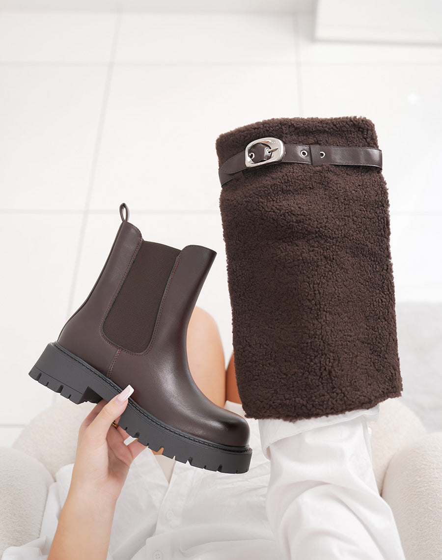 Bottines femme marron élégantes à semelle crantée avec revers moumoute amovible