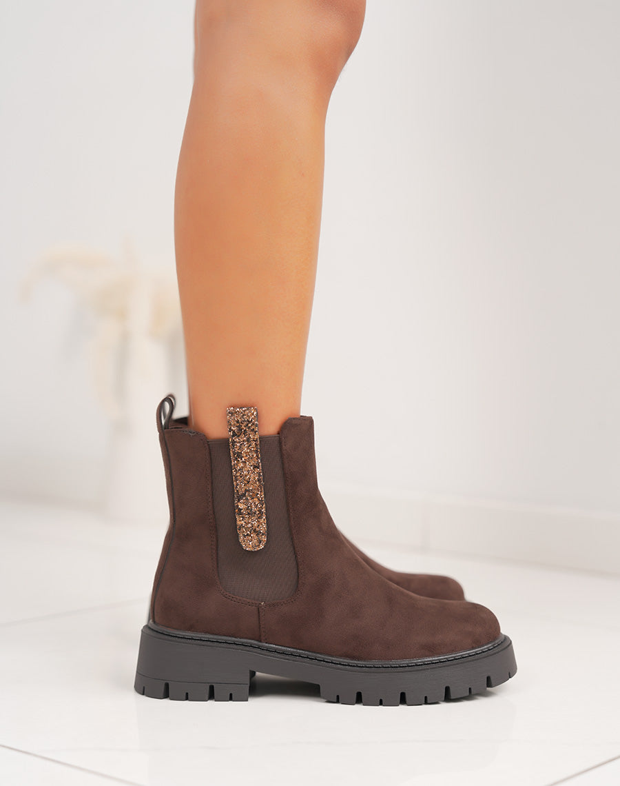 Bottines femme marron en suédine style Chelsea avec paillettes et semelle crantée