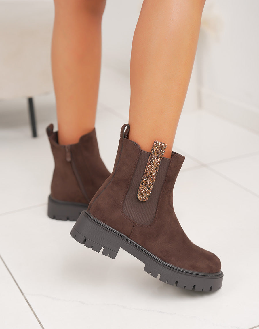 Bottines femme marron en suédine style Chelsea avec paillettes et semelle crantée