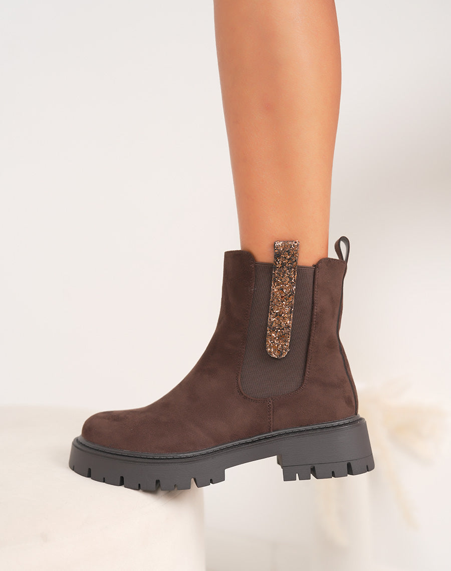 Bottines femme marron en suédine style Chelsea avec paillettes et semelle crantée