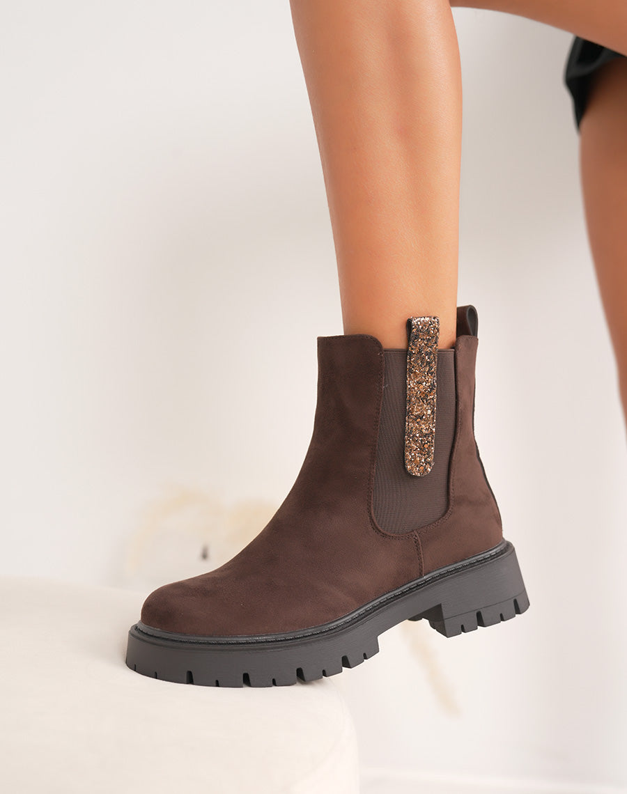 Bottines femme marron en suédine style Chelsea avec paillettes et semelle crantée