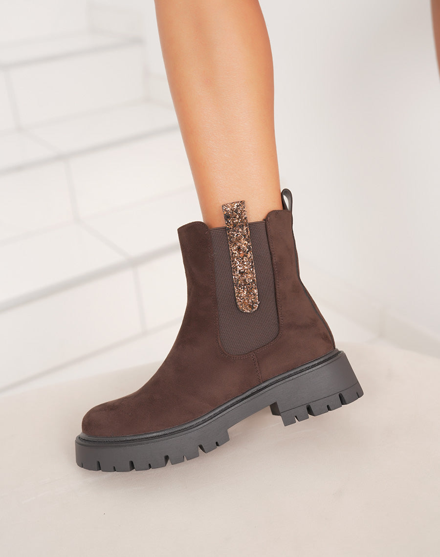 Bottines femme marron en suédine style Chelsea avec paillettes et semelle crantée